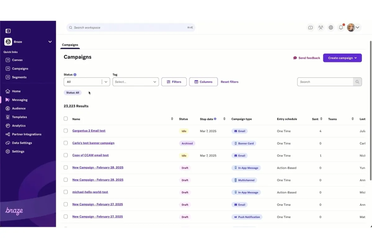 Braze campaigns dashboard showing multi-channel campaign types including email, push, in-app, and banner cards