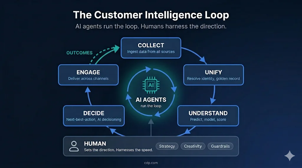 The Customer Intelligence Loop — five stages with AI Agents running the loop continuously, harnessed by human strategy and creativity