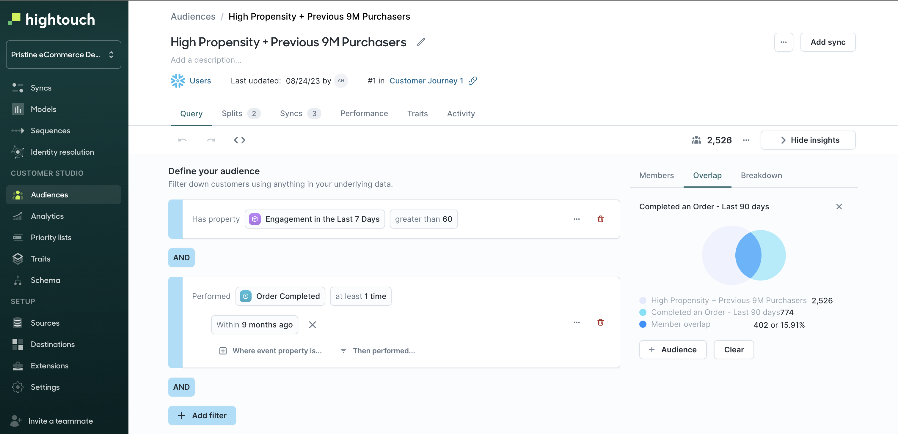 Hightouch Customer Studio — audience builder UI with visual segmentation filters and overlap analysis