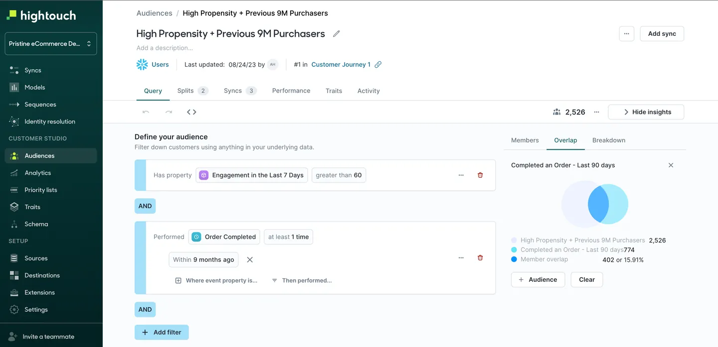 Hightouch Customer Studio — audience builder UI with visual segmentation filters and overlap analysis