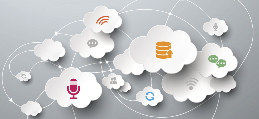 Cloud illustrations connected with white lines. Wifi symbol, microphone and chat bubble icons are in the clouds, representing a customer journey.