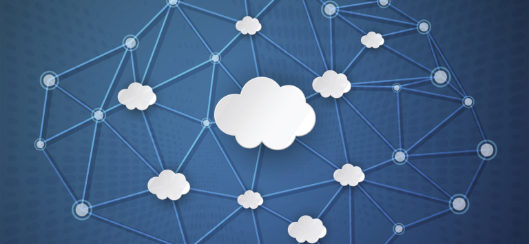 Clouds connected in a web, representing integrated cloud software.
