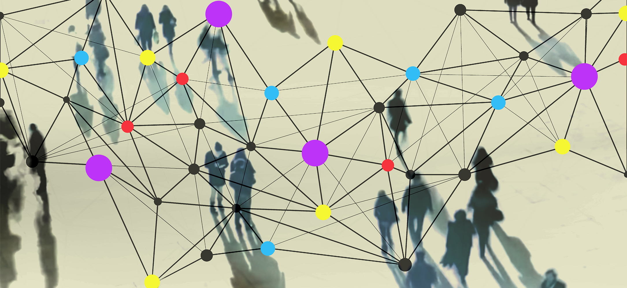 Multi-colored dots connected in a web. In the background, silhouetted people walking. This symbolizes a customer journey map.