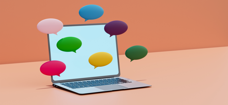 Laptop illustration with speech bubbles of different popping out around the screen, representing AI online chat activity.