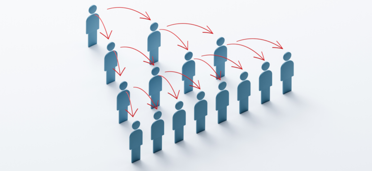 3D icons of people standing in a triangle, with red arrows pointing from the top of the triangle down, representing an organizational chart.