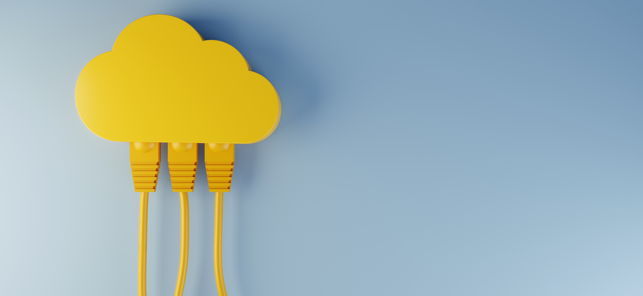 Yellow illustrative cloud with three wires coming out of it on a blue background, representing cloud software integrations.