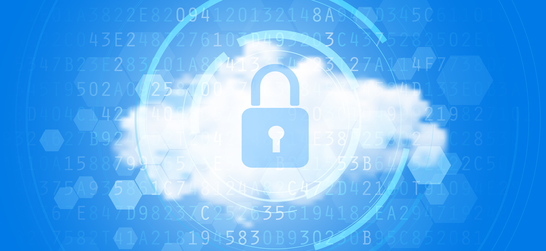 Illustration of a lock on a cloud centered in an aperture design. In the background numbered code, representing data privacy.