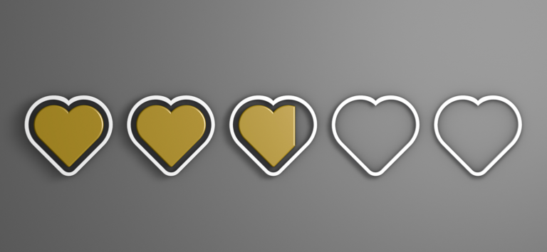 Five illustrated hearts, with three filled in, representing customer satisfaction.