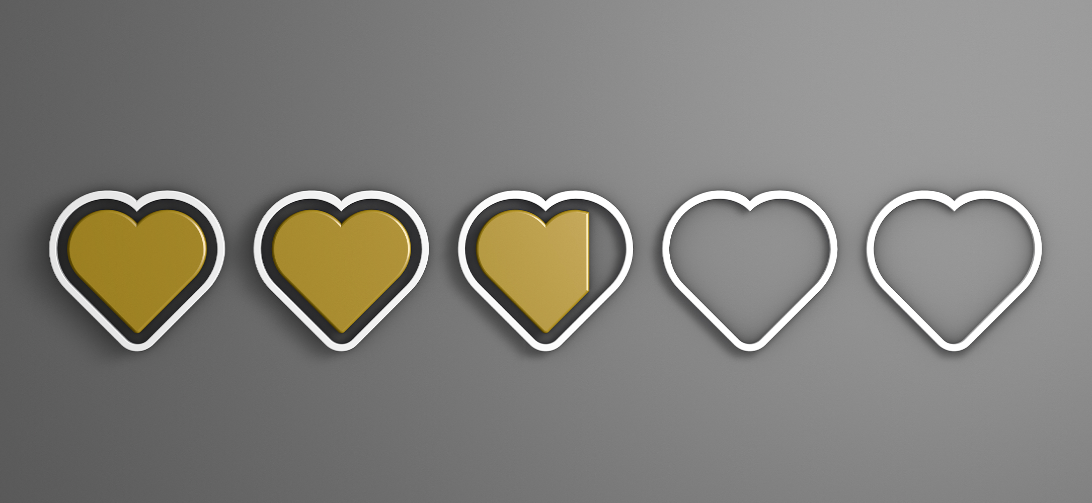 Five illustrated hearts, with three filled in, representing customer satisfaction.