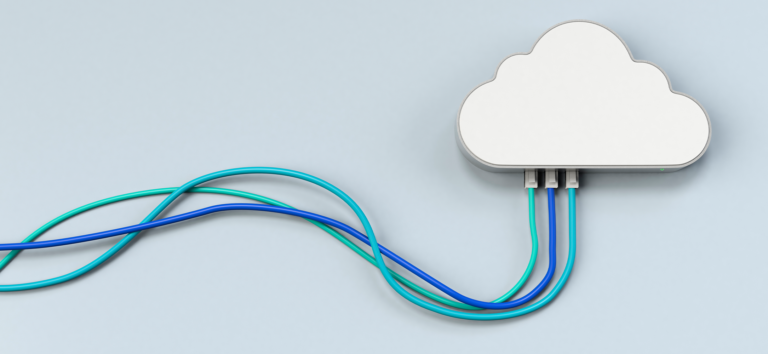 Cloud with three computer cords coming out of the bottom, representing connectors or integrations to no-code cloud software.
