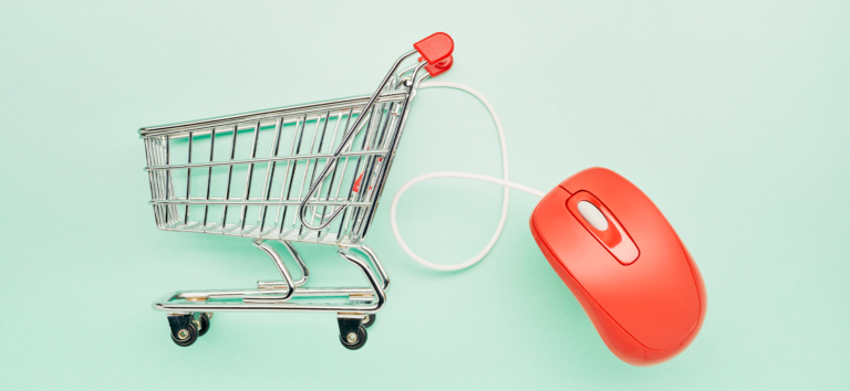 Shopping cart connected to a computer mouse, representing e-commerce.