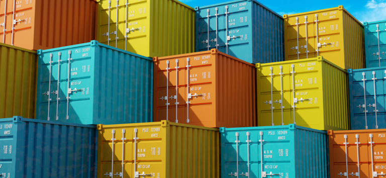 Stack of blue yellow orange shipping containers box, Cargo freight supply chain - stock photo