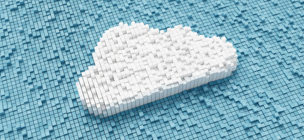 3D pixelated cloud on light blue pixelated background, representing cloud data