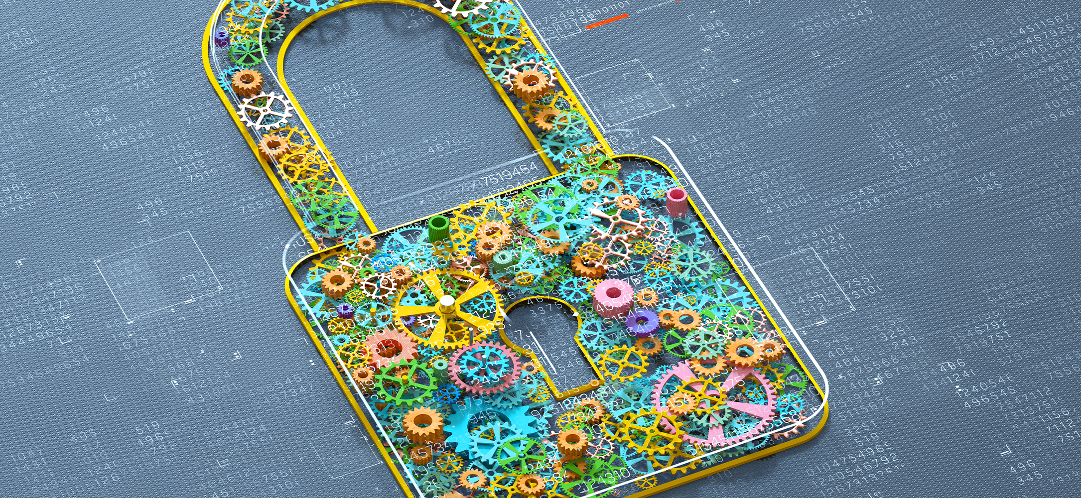 Illustrative 3D lock with multicolored gears inside, representing data governance, data security